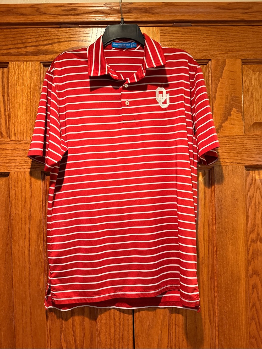 Southern Tide Crimson & White Striped OU Polo Style Shirt